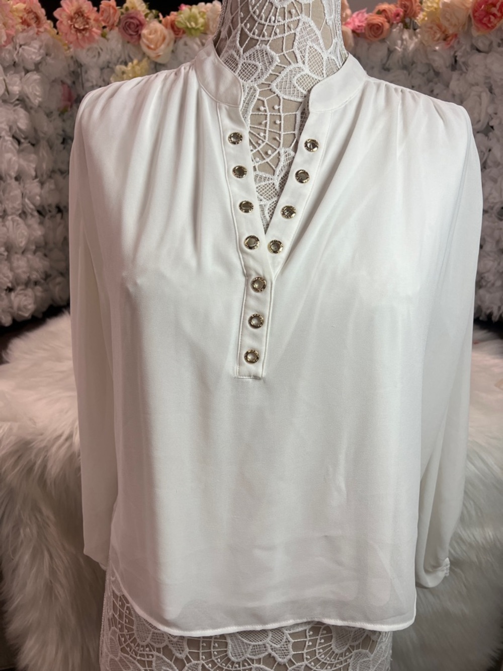 Women's White Long-Sleeve Blouse with Gold-Tone Button Placket